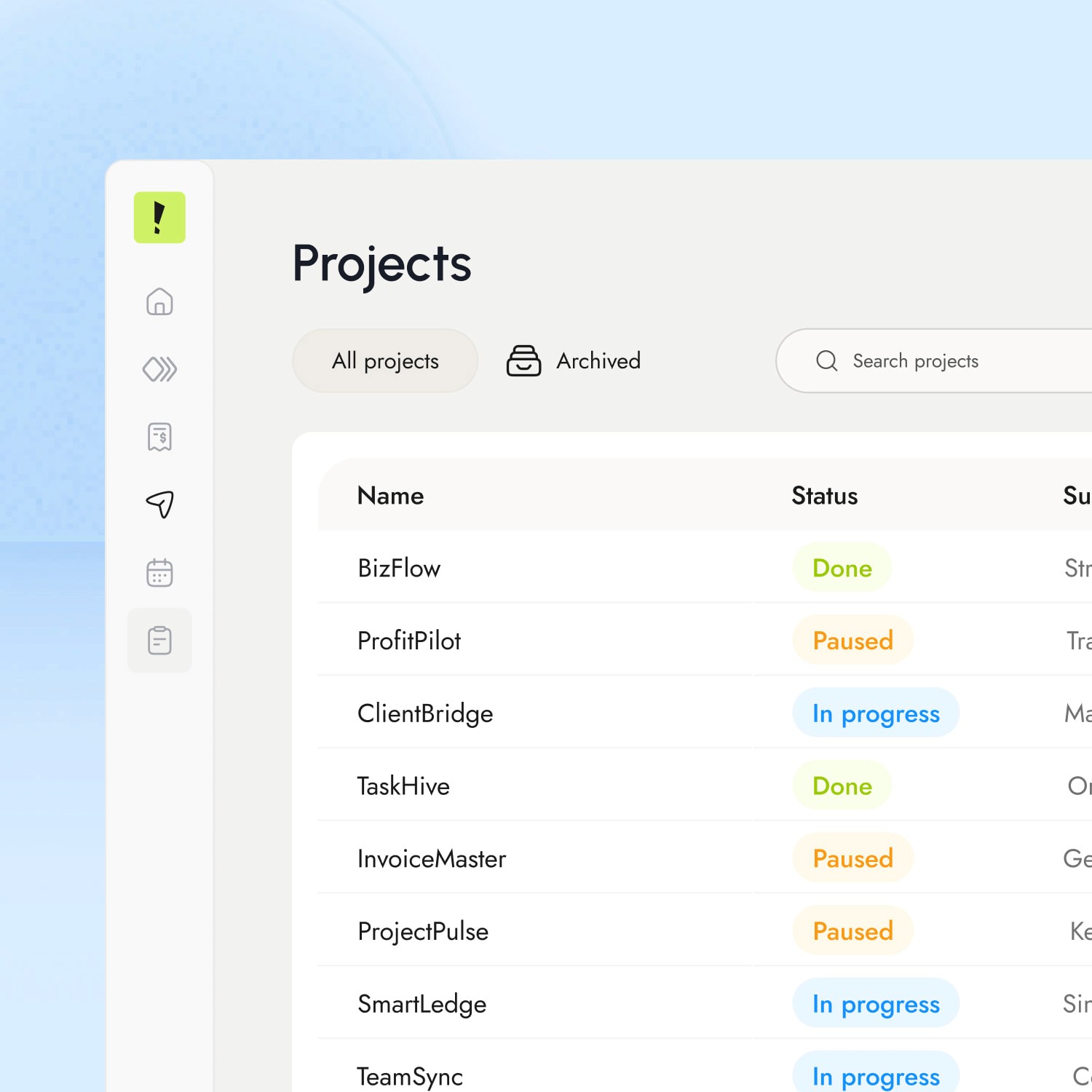 Sunbeam projects list interface